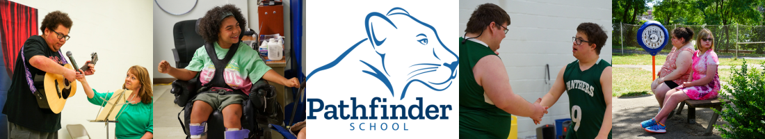 Collage of photos at Pathfinder School with the school logo at the center.